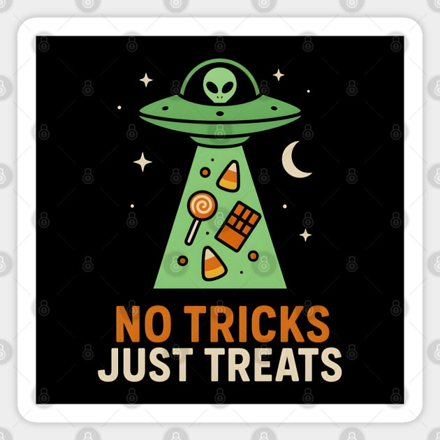 No Tricks Just Treats Alien UFO Halloween Artwork Sticker by MakerMind8.2